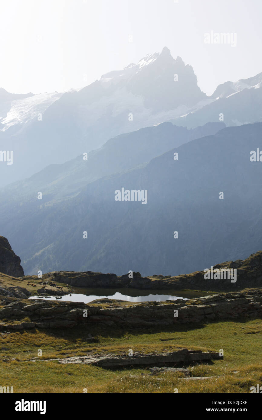 Escursionismo sul plateau de Emparis, Massif de l'Oisans, vicino al parco naturale di Les Ecrins, Isère, Rhône-Alpes, in Francia. Foto Stock