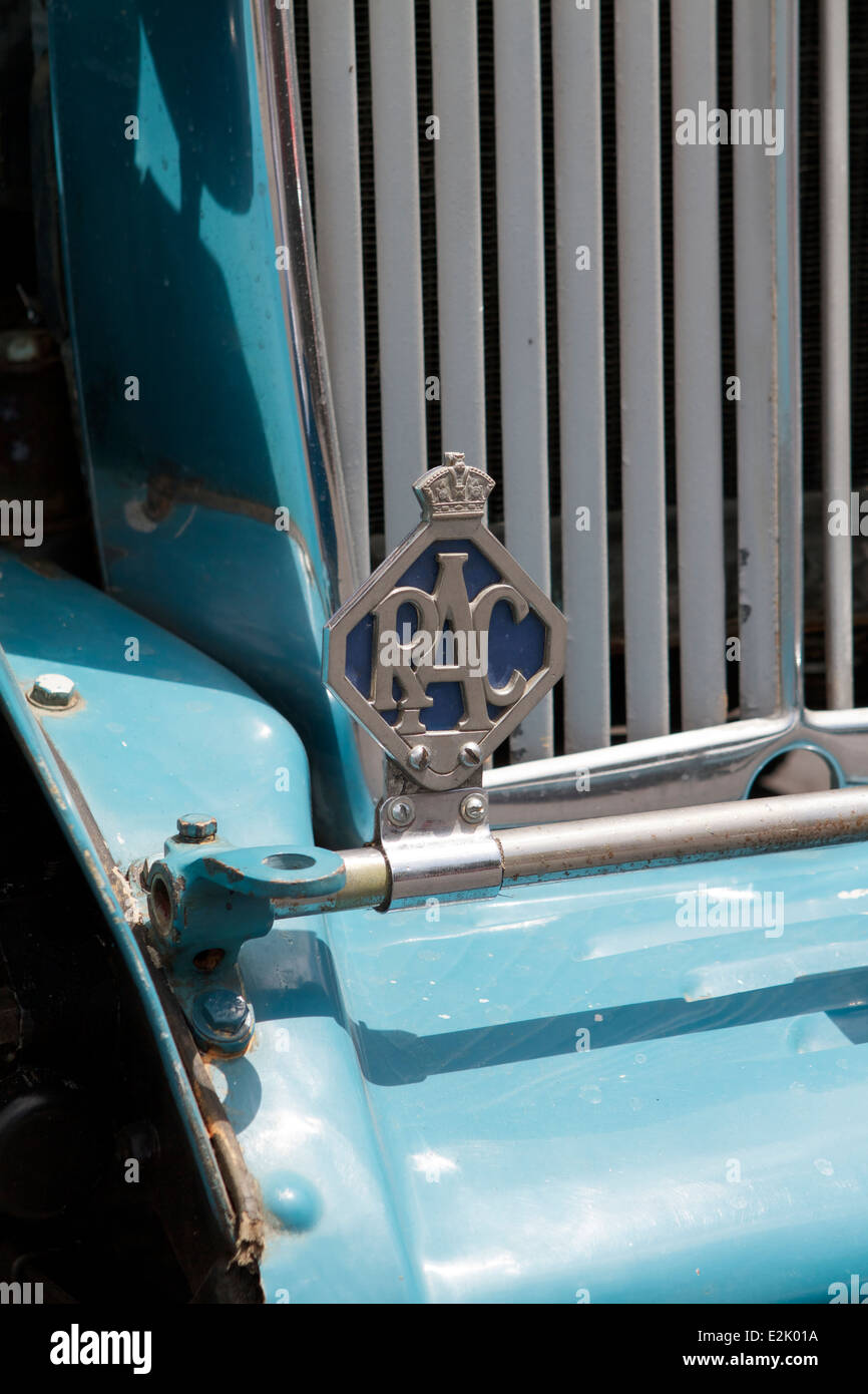 Badge RAC su un 1949 MG TC esportare British auto d'epoca, sul visualizzatore in corrispondenza di una vettura inglese mostra in Santa Ana California Foto Stock
