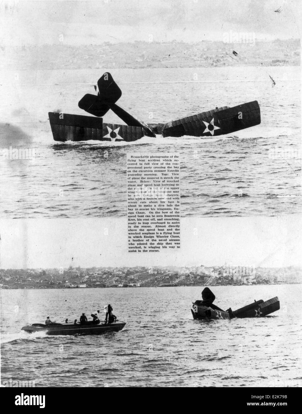 Questa fotografia cattura le conseguenze di un incidente in idrovolante alla Naval Air Station di San Diego. L'immagine evidenzia le sfide delle operazioni in idrovolante e fornisce un'istantanea degli incidenti nell'aviazione navale durante questo periodo. Foto Stock