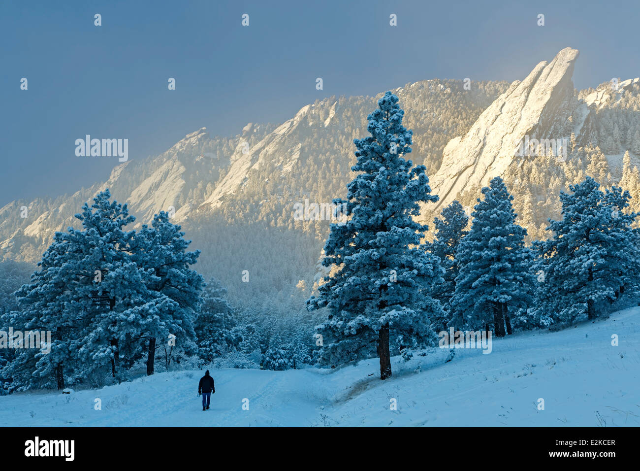 Uomo che passeggia sotto Flatirons ricoperta di neve, Boulder spazio aperto e parco di montagna, Boulder, Colorado, STATI UNITI D'AMERICA Foto Stock
