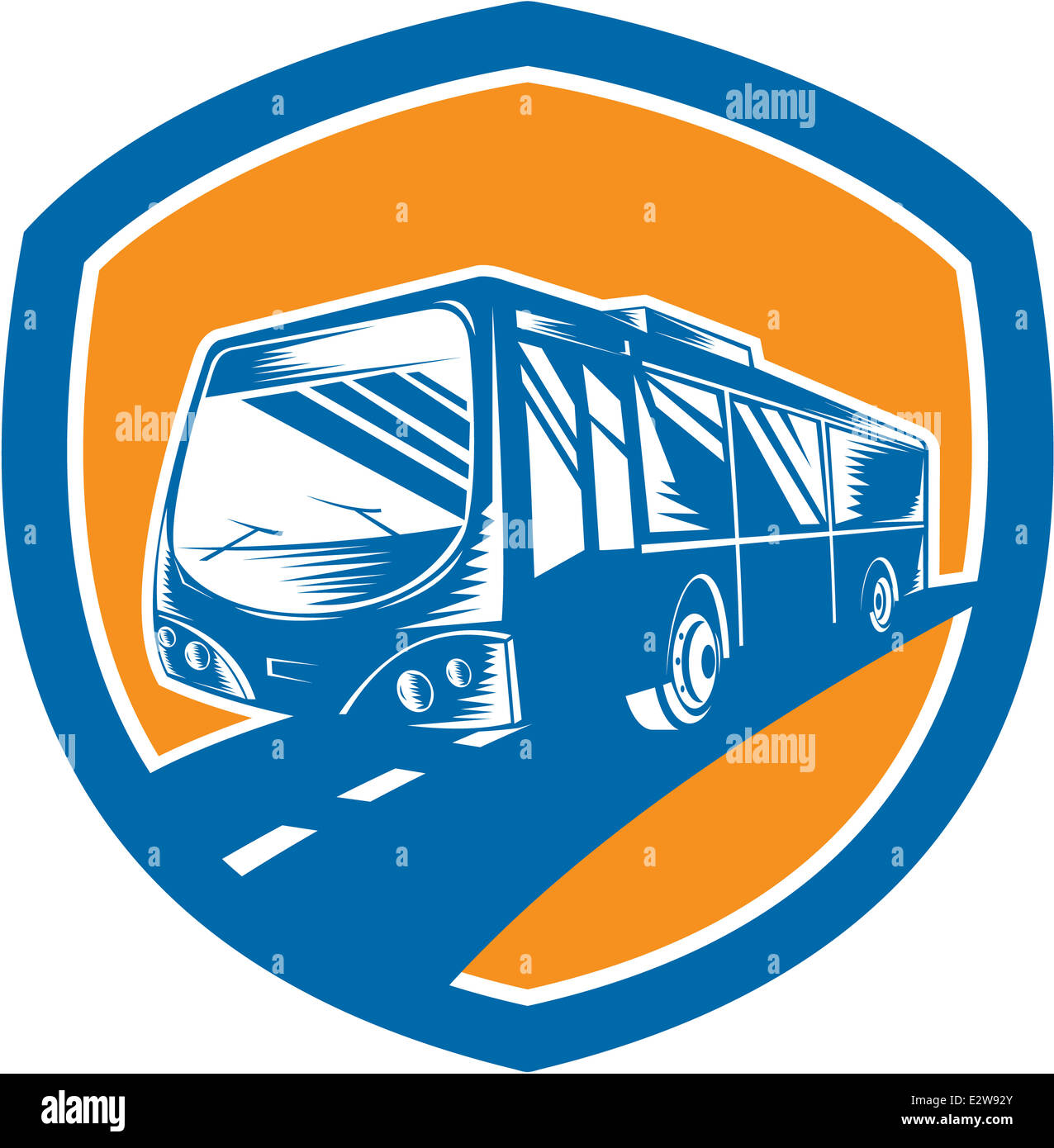 Illustrazione di un pullman turistico autobus navetta insieme all'interno della protezione cresta su sfondo isolato fatto in xilografia stile. Foto Stock