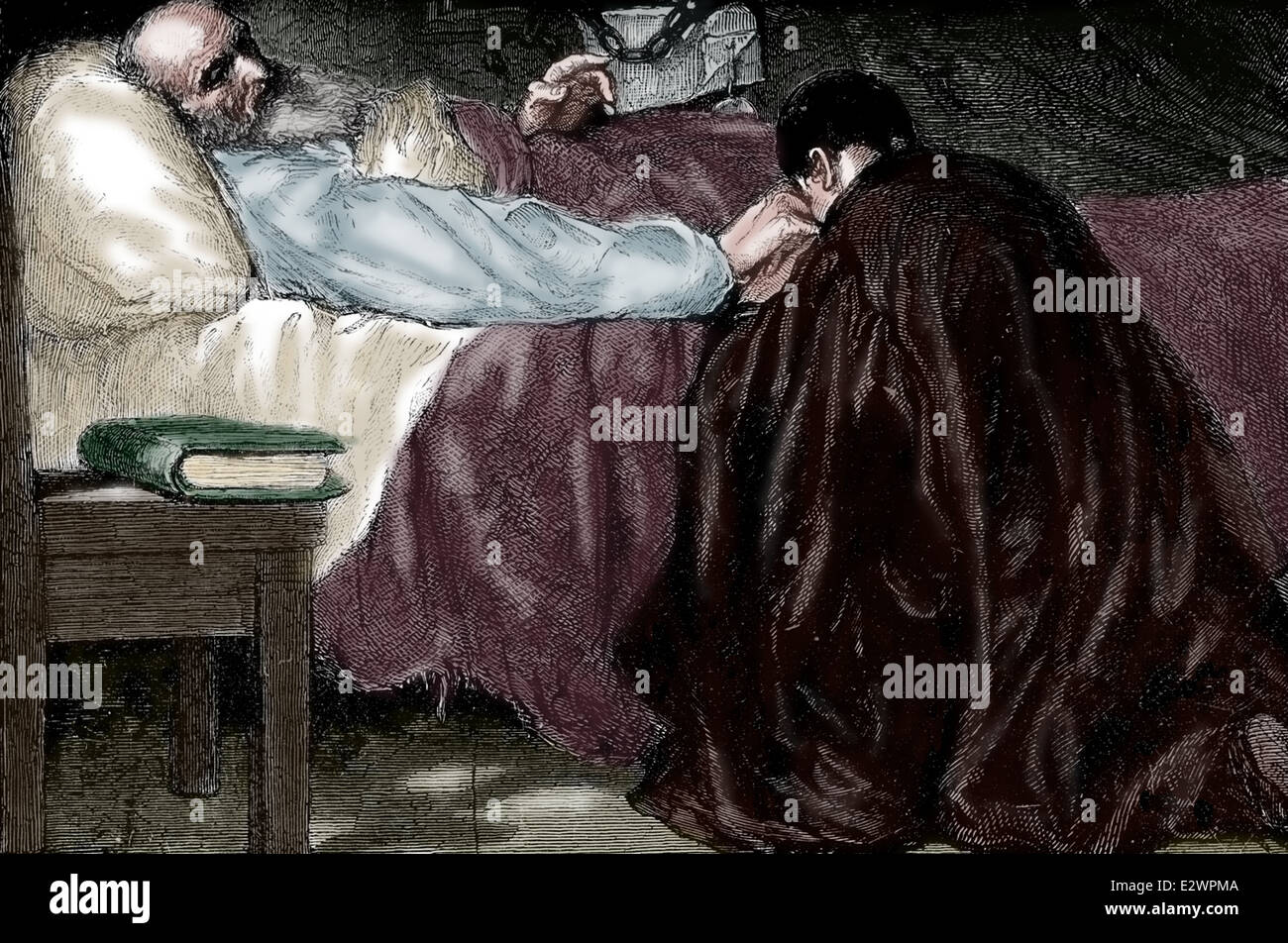 Cristoforo Colombo (1451-1506). Explorer, Navigator e colonizzatore. La morte di Colombo. Incisione del XIX secolo. Colore. Foto Stock