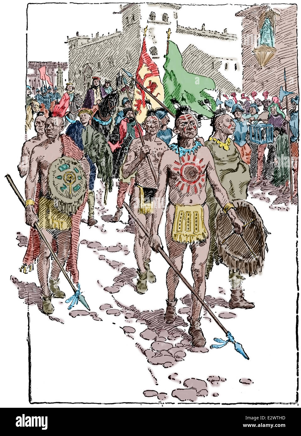 Il trionfale ritorno di Columbus in Spagna, Barcellona. 1493. Incisione. Colorati. Foto Stock