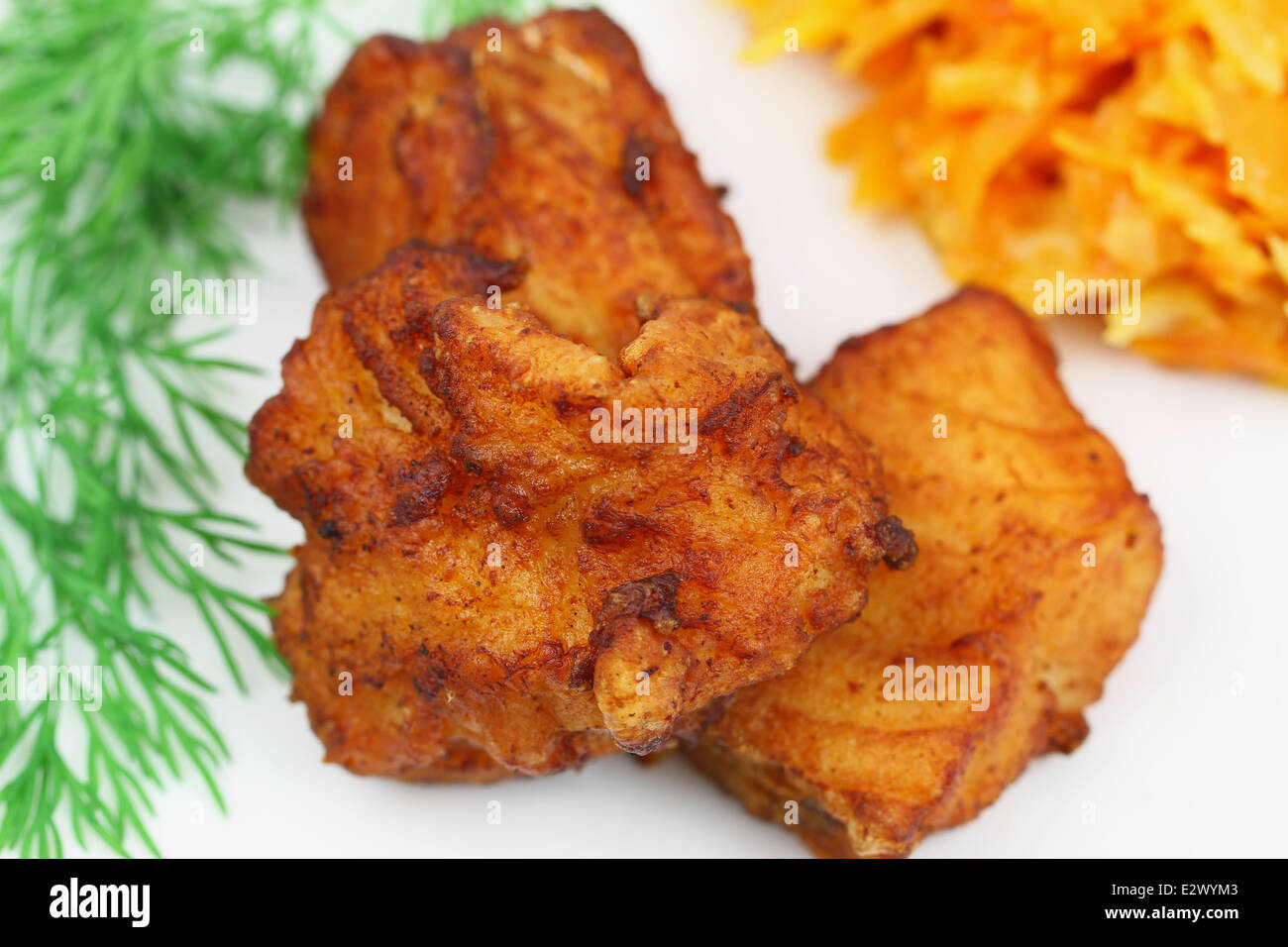 Merluzzo fritto pezzi, close up Foto Stock