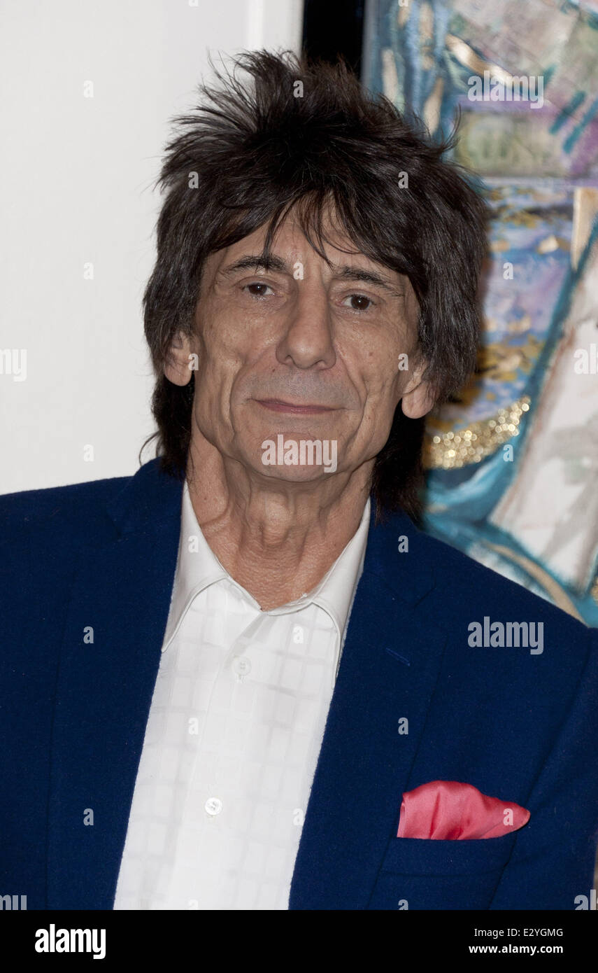 Ronnie Wood con il lancio di una mostra dei suoi propri dipinti "Ronnie Wood: Materie istinto" al Castello di Fine Art Gallery di Mayfair. Egli è in piedi tra 'Cavalli elettrico " e " Quale Prezzo Biglietti', ogni pittura è valutato a £ 295, 000. Dotato di: Ronnie Foto Stock