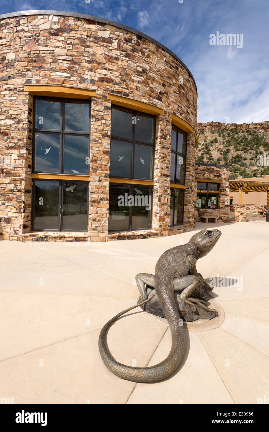 Grande Bacino di lucertola a collare scultura davanti al Escalante interagenzie Vistiors Center di Escalante, Utah. Foto Stock