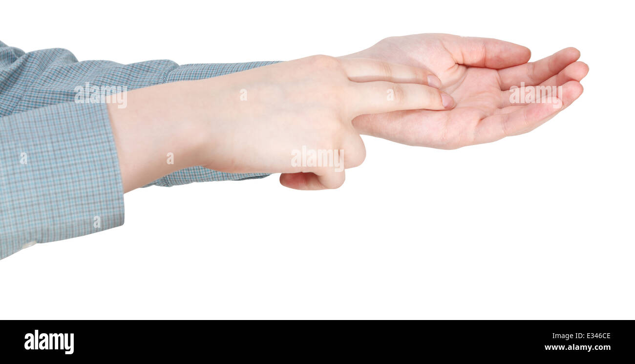 Due dita sul palm - mano gesto isolato su sfondo bianco Foto Stock