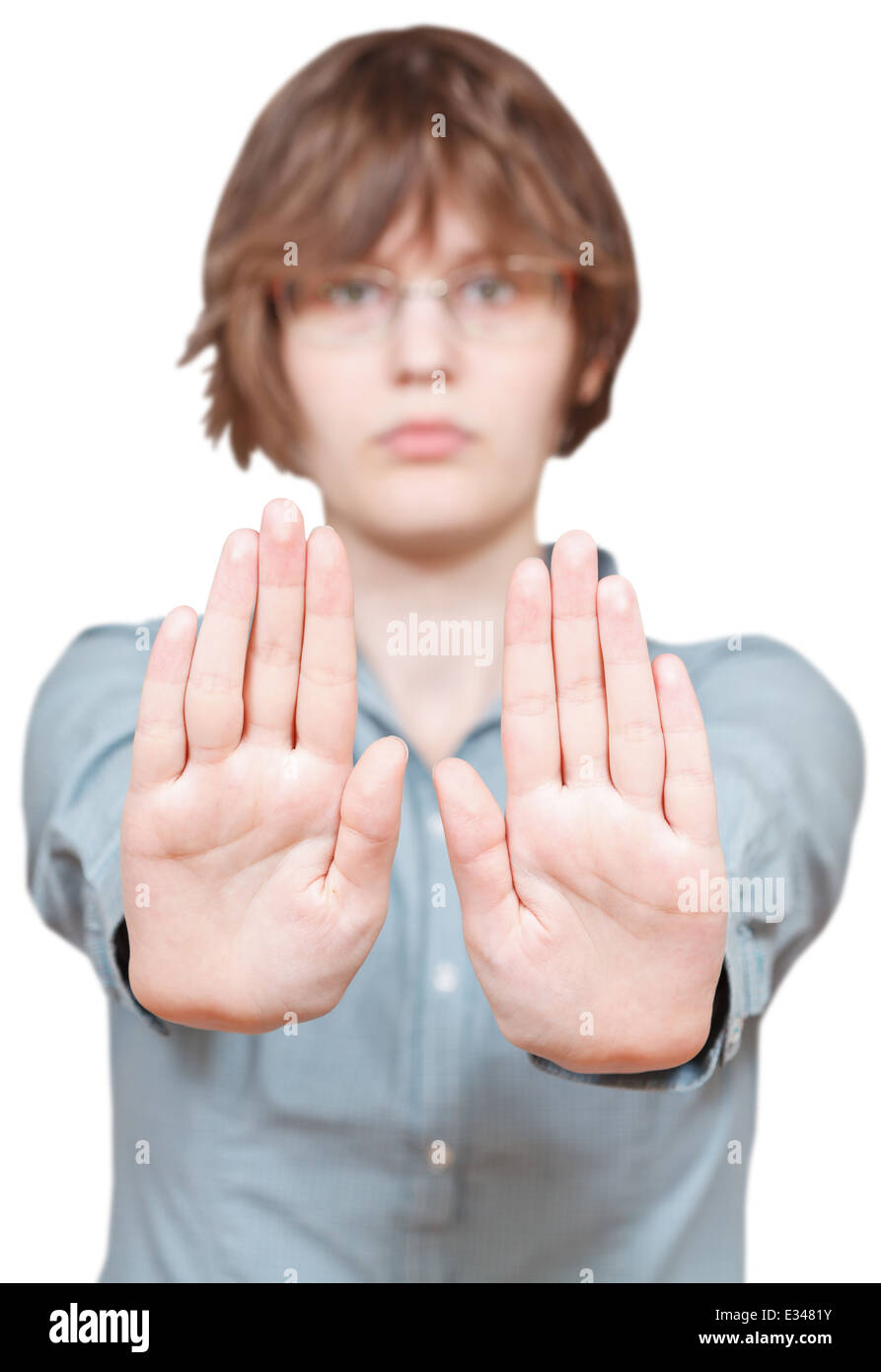 Stop - due mani gesto isolato su sfondo bianco Foto Stock