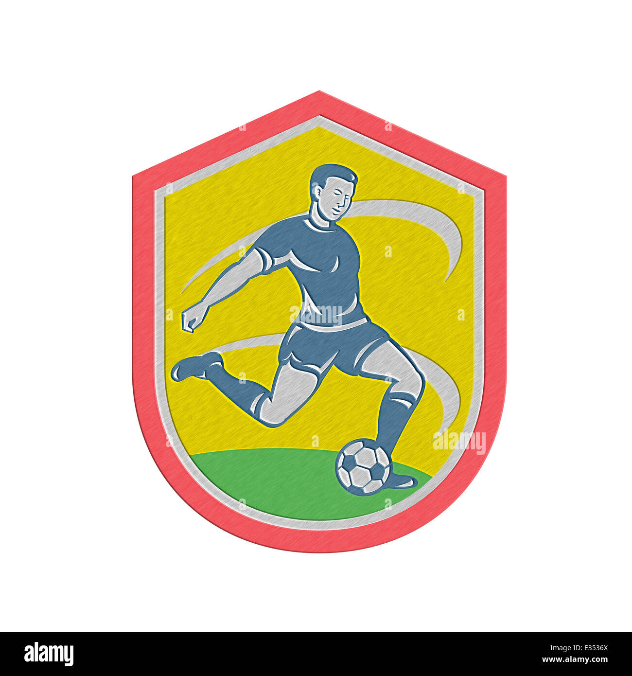In stile metallico illustrazione di un calcio giocatore calci palla calcio insieme all'interno della protezione crest fatto in stile retrò. Foto Stock