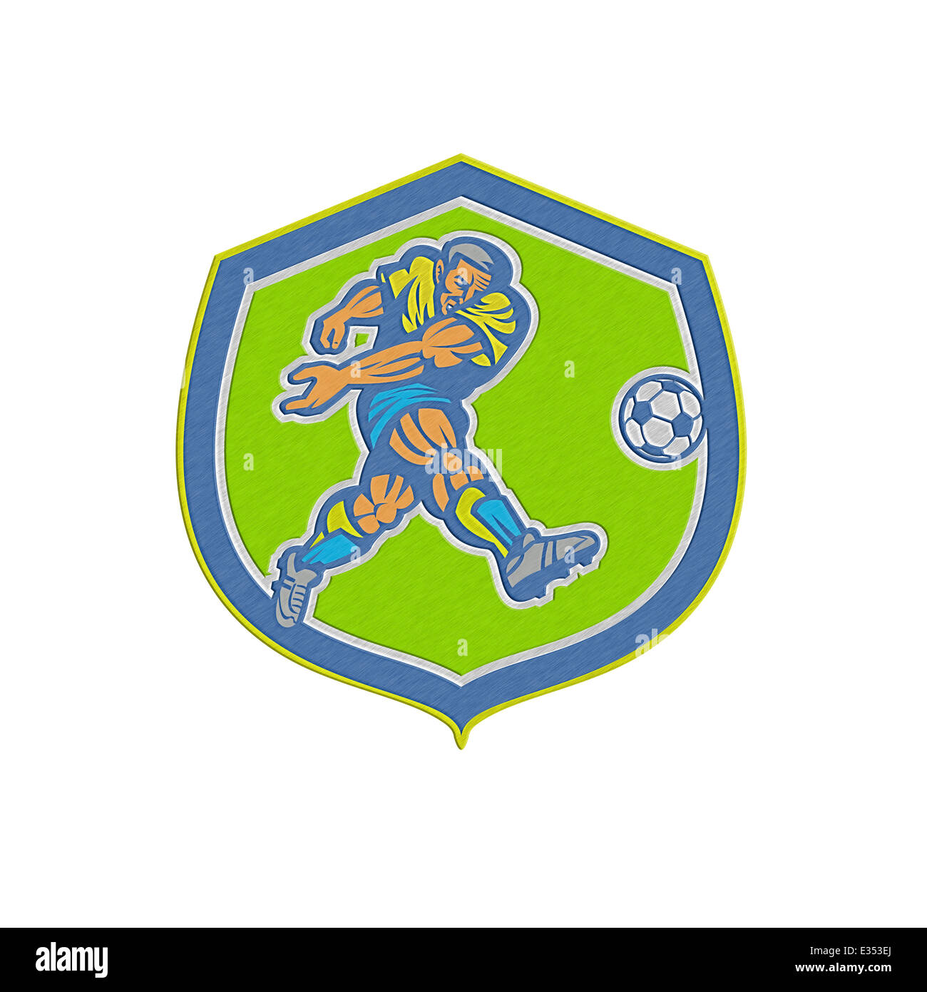 In stile metallico illustrazione di un calcio giocatore calci palla calcio insieme all'interno della protezione crest fatto in stile retrò. Foto Stock