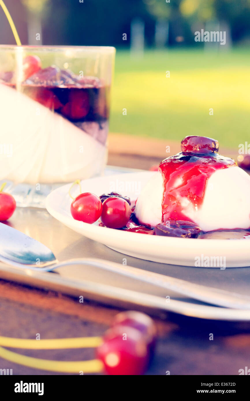 Il dolce tradizionale dessert italiano panna cotta.Il fuoco selettivo sulla panna cotta nella piastra Foto Stock