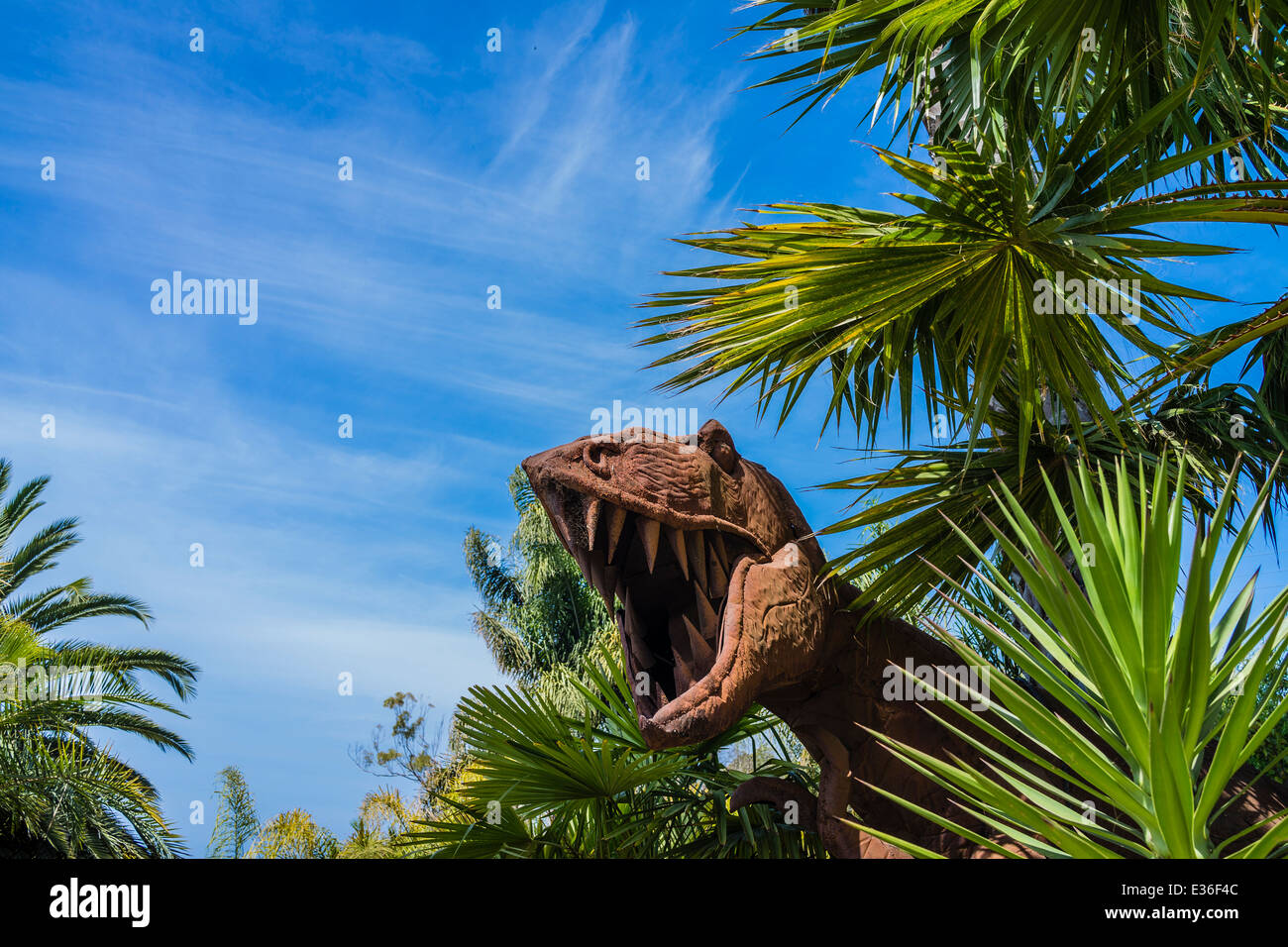 La testa arrugginita di un T Rex dinosaur scultura si distingue tra alberi di palma. Foto Stock