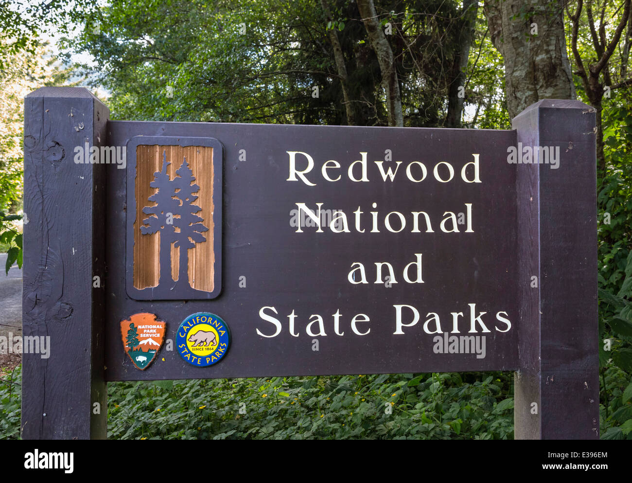 Segno di ingresso a Redwood National e i parchi statali della California del Nord, STATI UNITI D'AMERICA Foto Stock