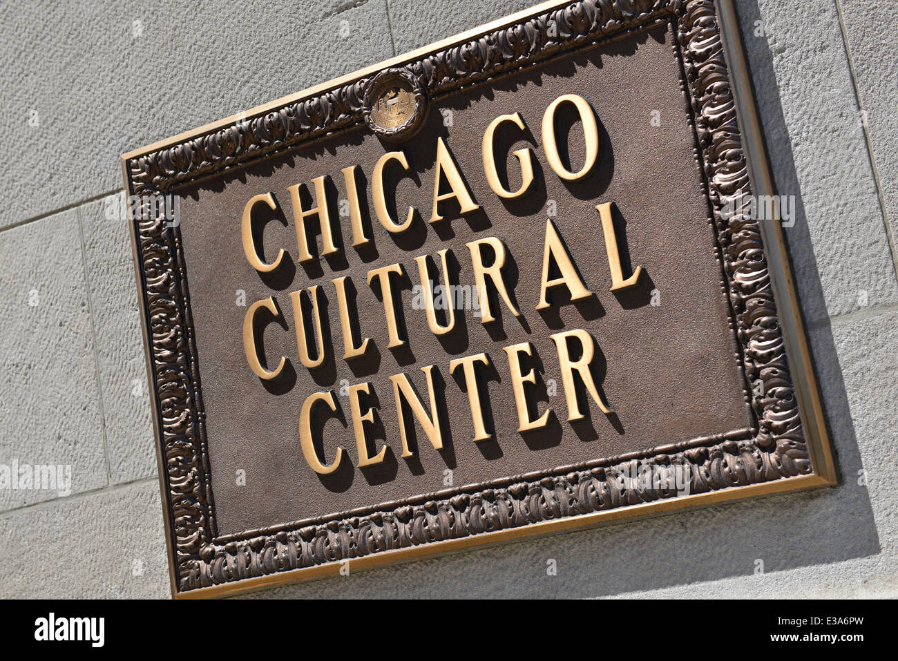 Segno esterno, su Chicago Cultural Center parete edilizia, Chicago, Illinois, Stati Uniti d'America Foto Stock