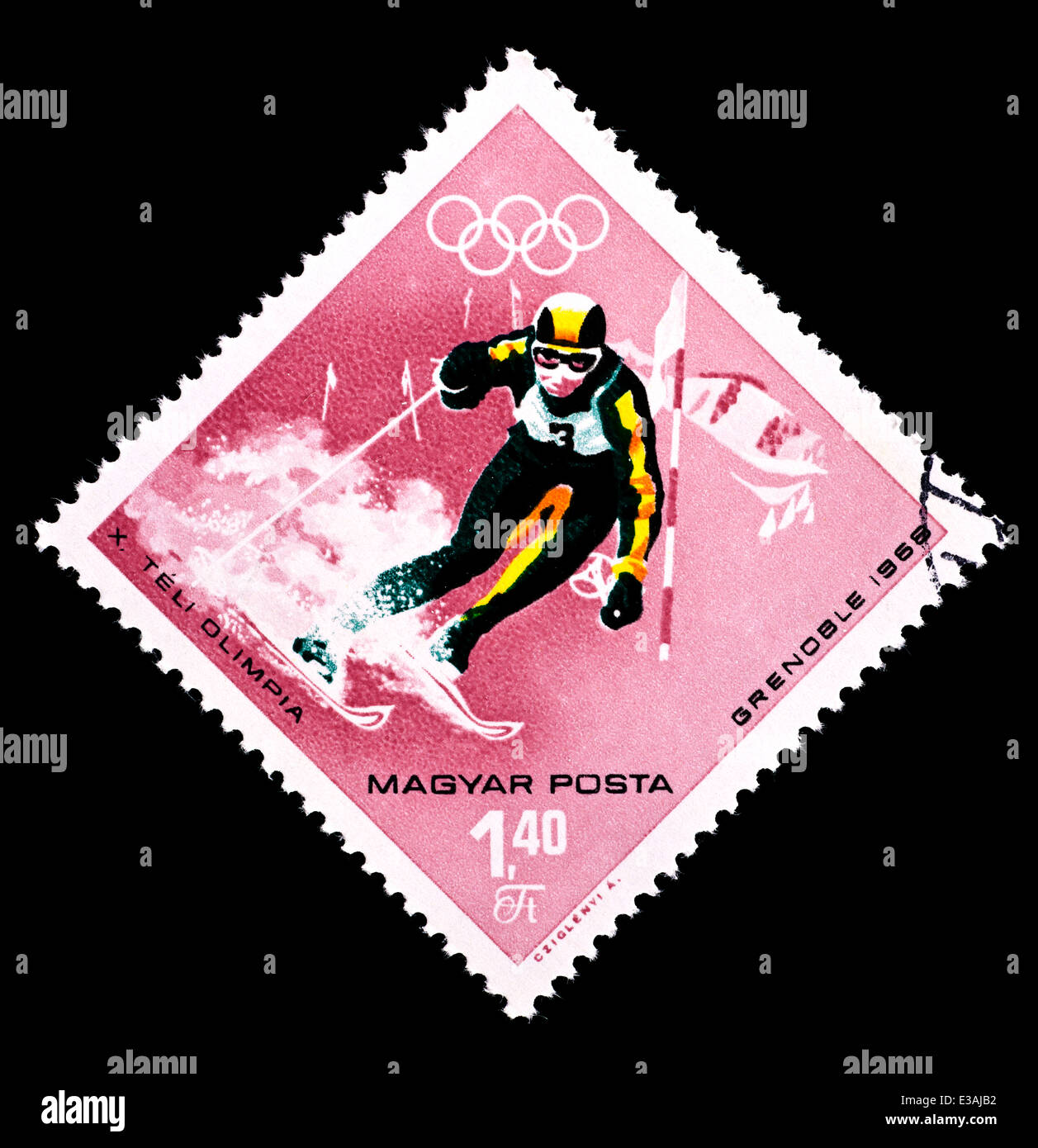 Francobollo da Ungheria raffigurante una discesa sciatore, Foto Stock