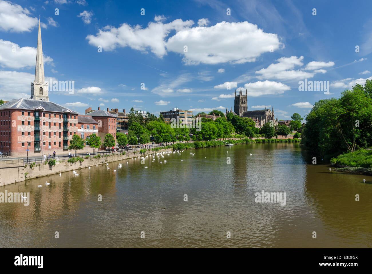 Il fiume Severn a Worcester con la cattedrale in background Foto Stock