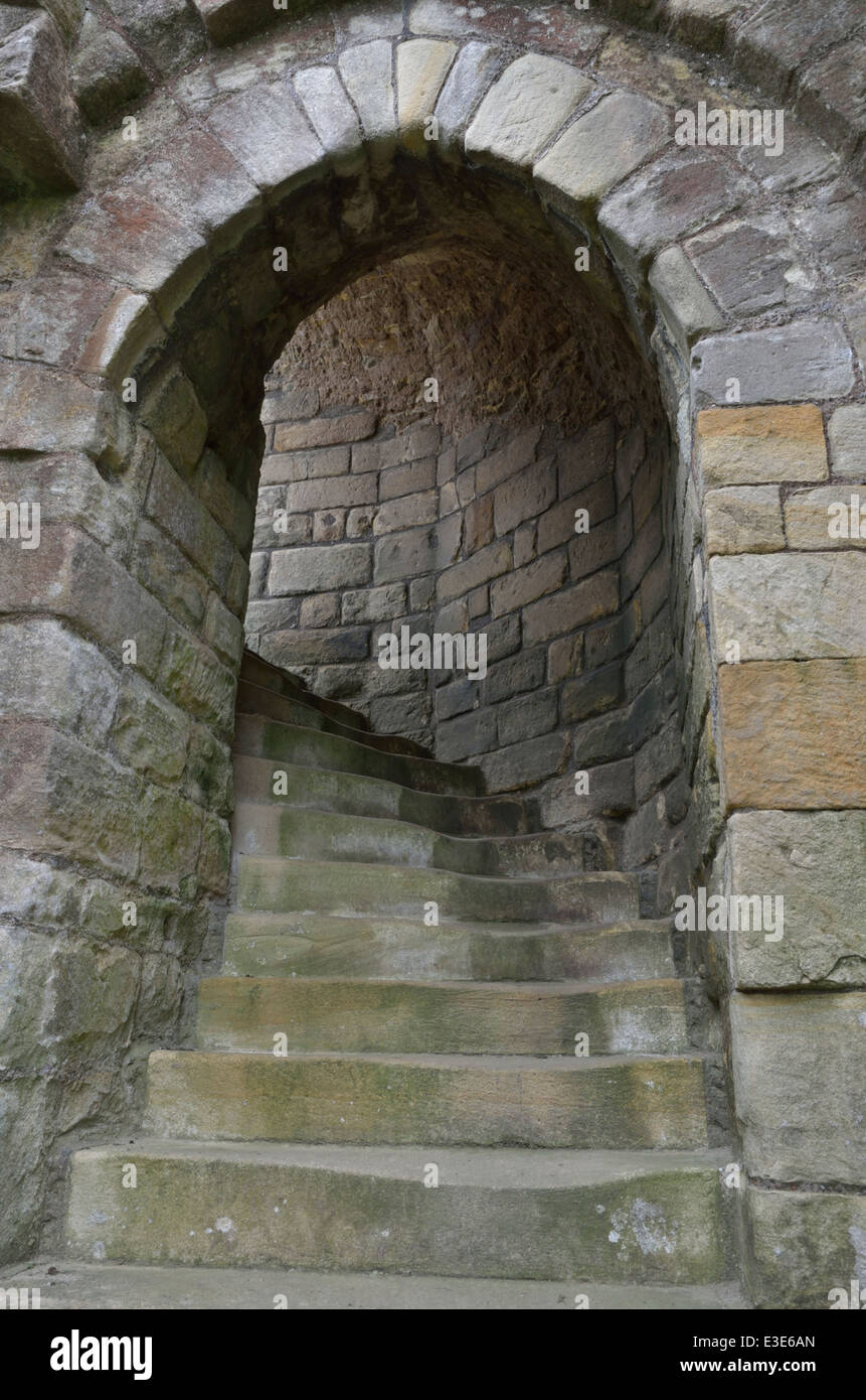 Gradini in pietra a Warkworth Castle, Inghilterra Foto Stock