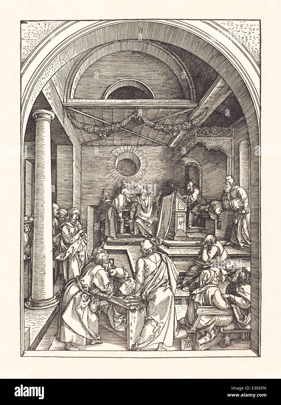 Albrecht Dürer (1471-1528) xilografia raffigurante "Cristo tra i dottori del Tempio" pubblicato nel 1503. Foto Stock