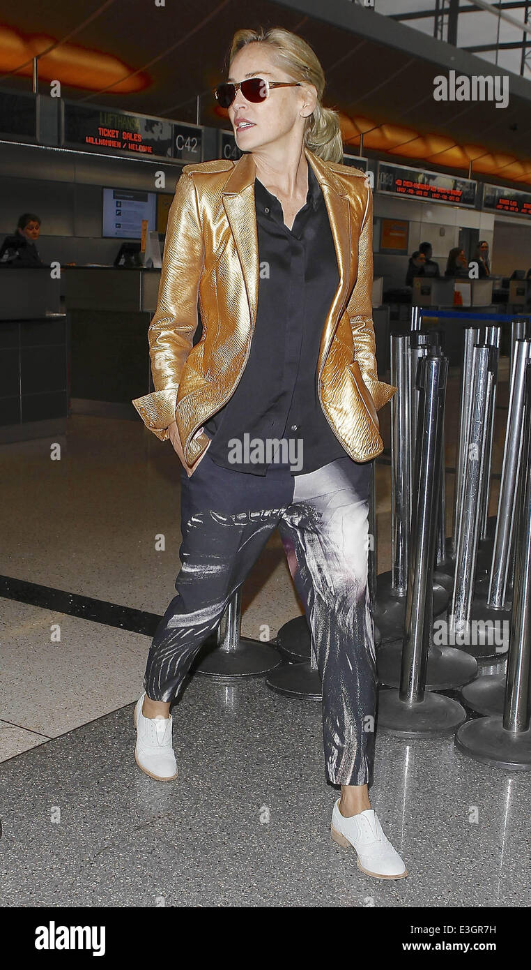 'Basic Instinct' attrice Sharon Stone si allontana dal LAX con un amico, indossando un color rame giacca, pantaloni stampati e scarpe di bianco. Dotato di: Sharon Stone dove: Los Angeles, California, Stati Uniti quando: 12 Nov 2013 Foto Stock