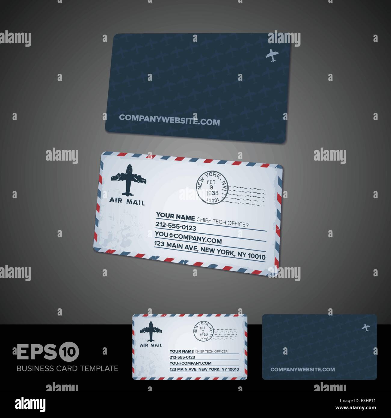 Angolo arrotondato air mail retrò business card template Illustrazione Vettoriale