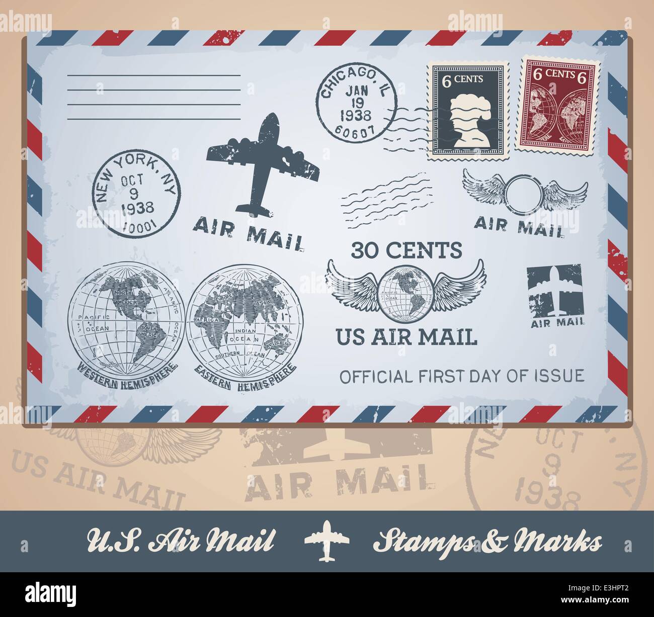 Vintage air mail la busta e vari marchi e timbri Illustrazione Vettoriale