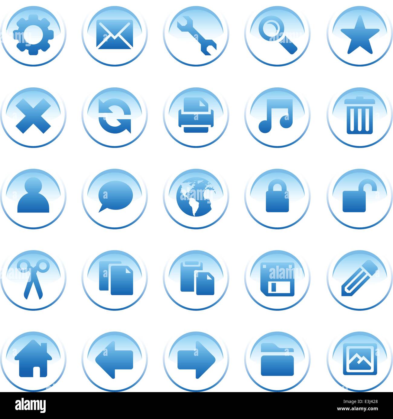 Round icone blu con accenti di colore bianco Illustrazione Vettoriale
