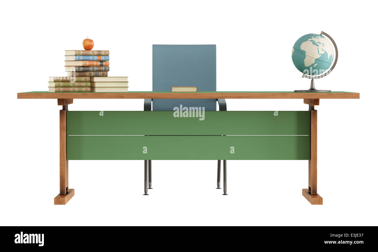 Retrò di insegnante di scrivania con libri,apple e il globe isolato su bianco-rendering Foto Stock