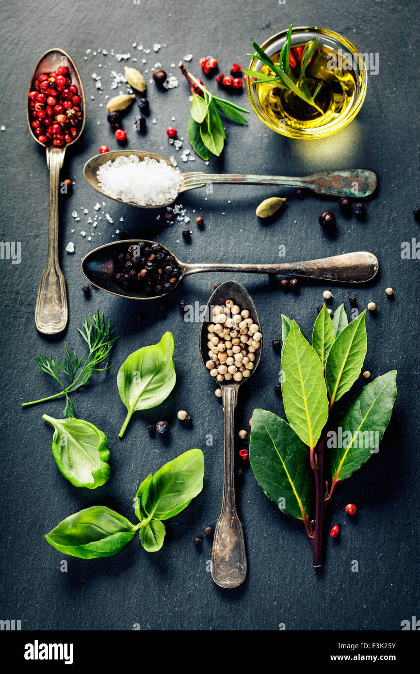 Erbe e spezie - selezione di erbe e di spezie, vecchi cucchiai di metallo e ardesia di sfondo - cucinare, mangiare sano Foto Stock