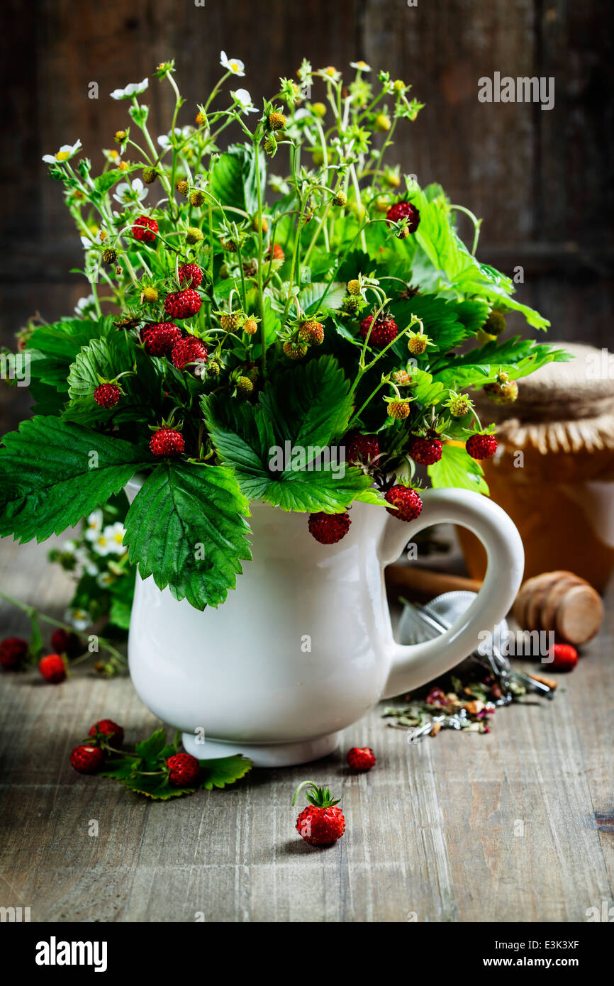 Bouquet di fragole con tè alle erbe e miele - bio cibo o concetto di salute Foto Stock