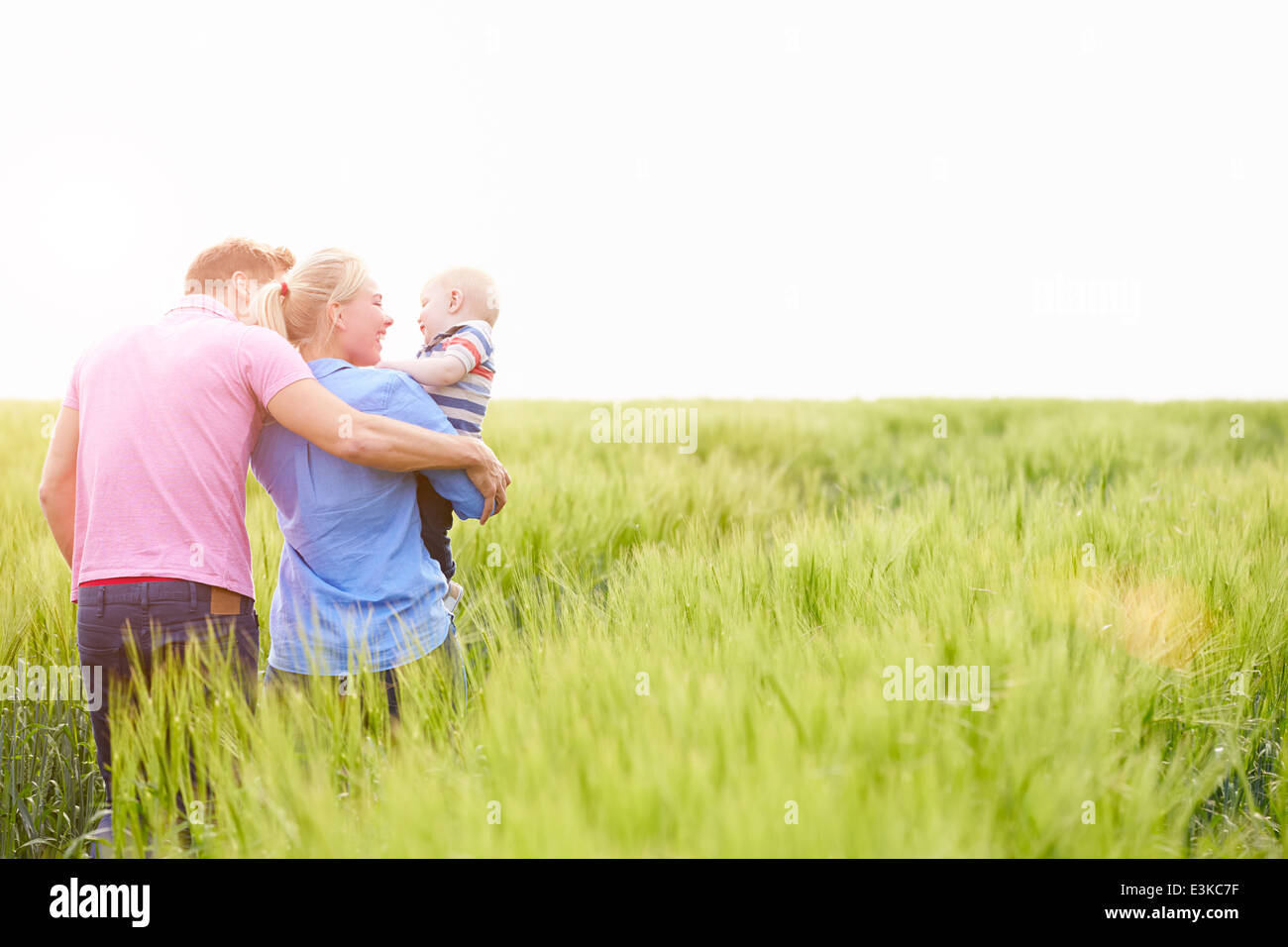 Famiglia passeggiate nel campo portando giovane figlio bambino Foto Stock