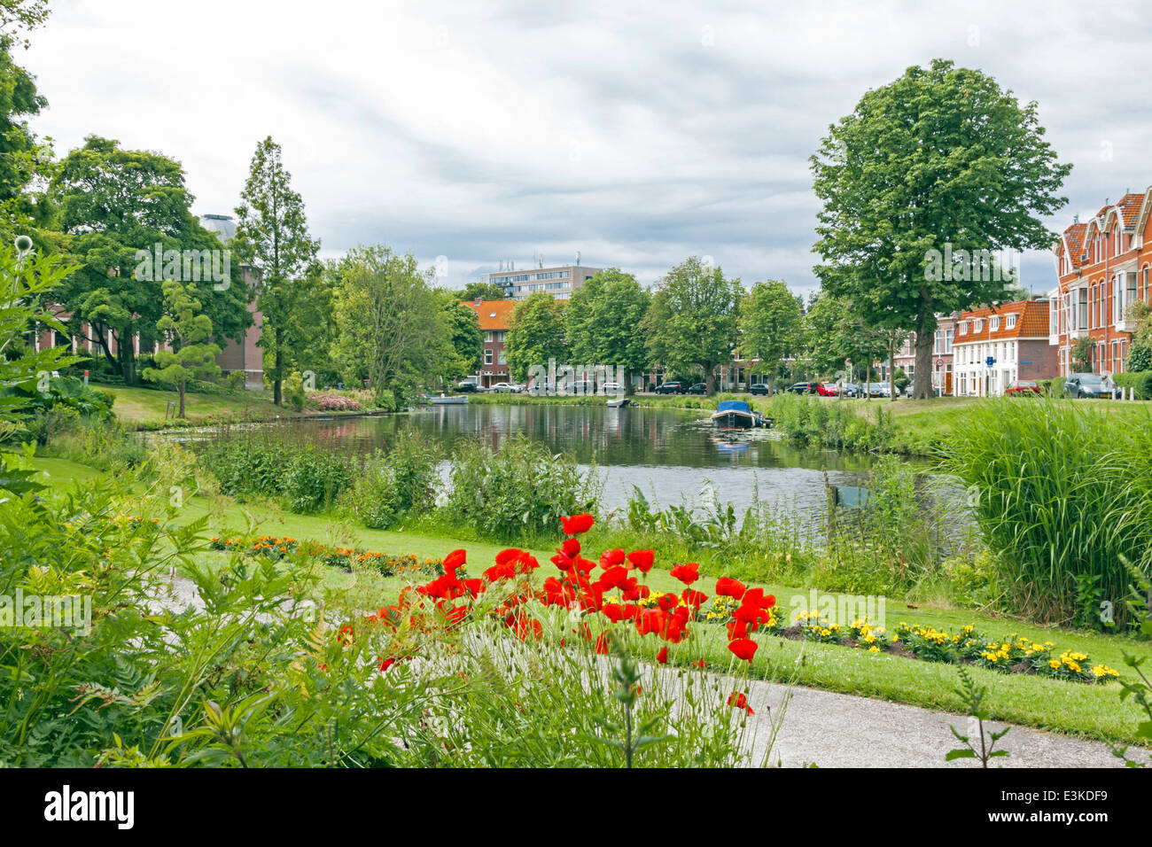 Vista su Witte canale Singel Da Hortus Botanicus, il giardino botanico di Leida University, South Holland, Paesi Bassi. Foto Stock