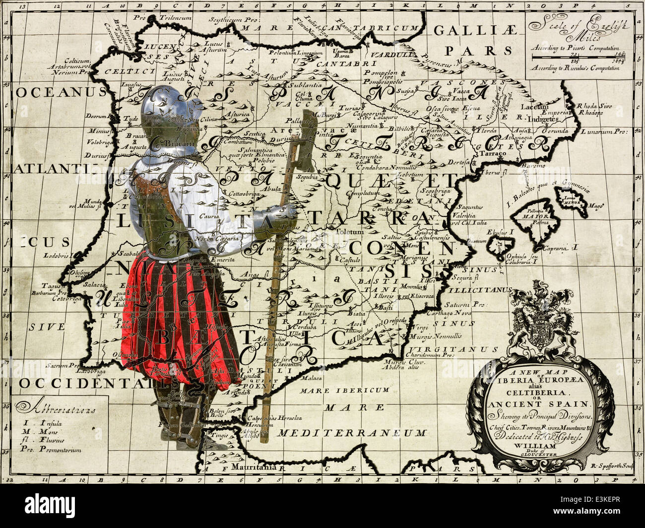 Il cavaliere corazzato con battaglia-ax - retro cartolina su vintage sfondo mappa Foto Stock