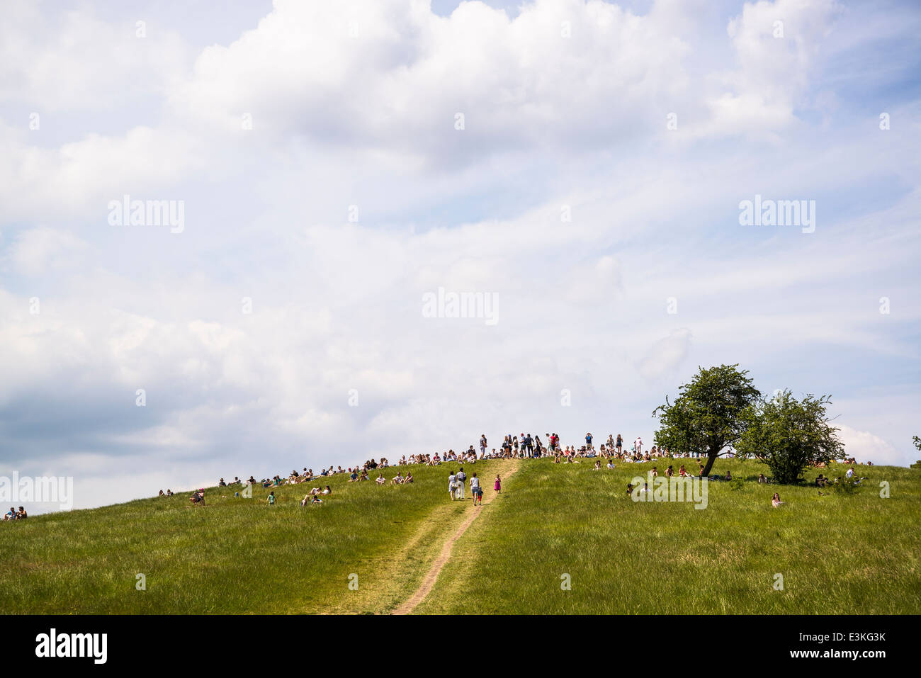 Persone su Primrose Hill su una soleggiata giornata estiva, London, England, Regno Unito Foto Stock