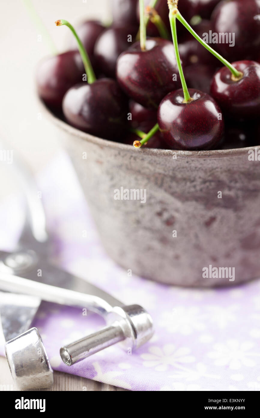 Le ciliegie inglese nel recipiente di metallo con Cherry Stoner Foto stock  - Alamy