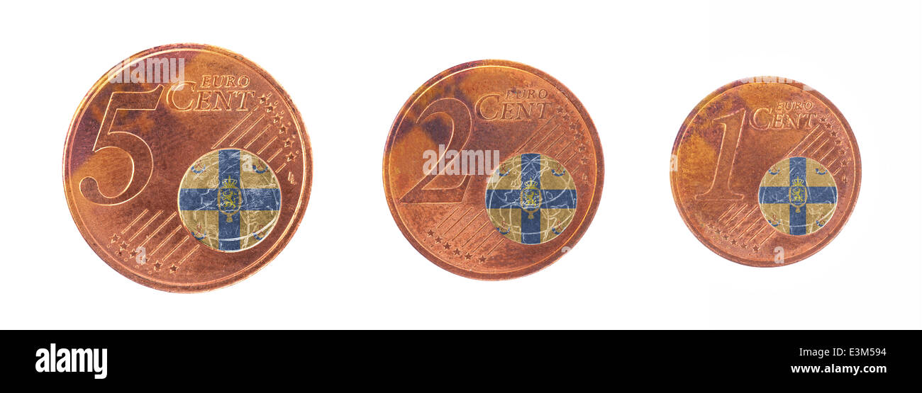 Concetto di denaro - 1, 2 e 5 centesimi di euro, bandiera della Royal Dutch family Foto Stock