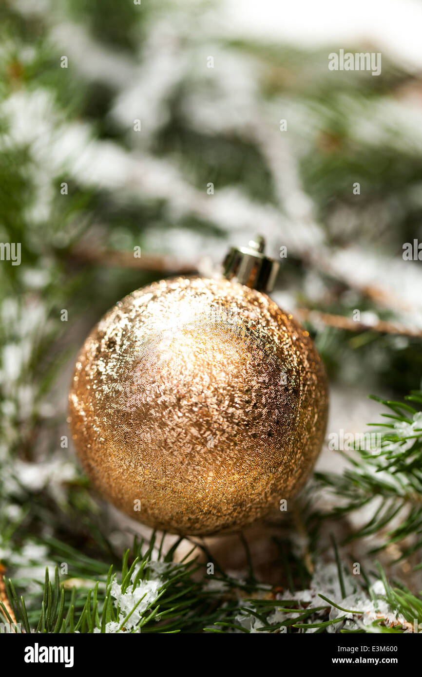 Oro ornamento di Natale sfera su foglie di pino close up Foto Stock