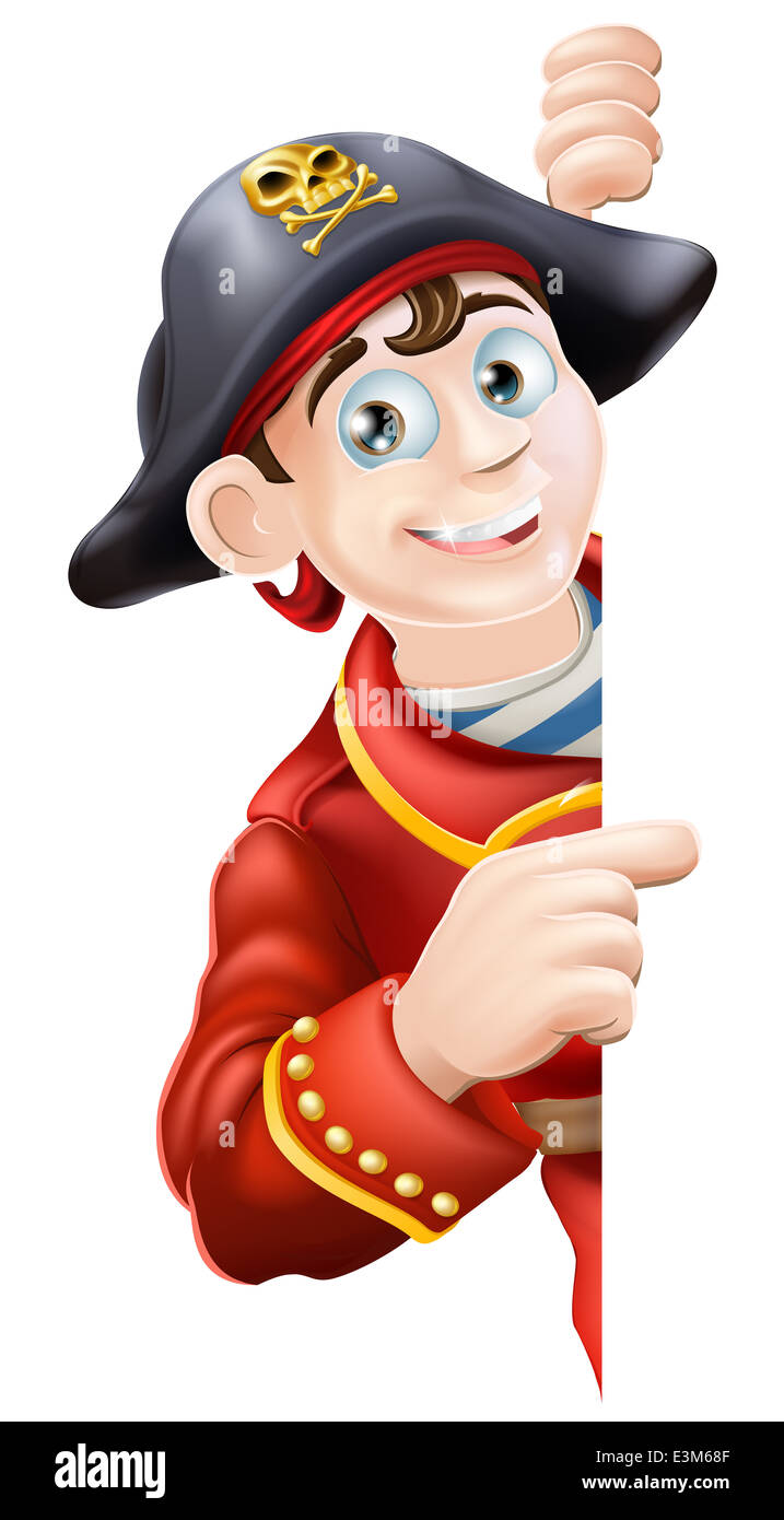 Pirata nel rivestimento rosso rivolto a un segno che egli sta guardando rotondo Foto Stock