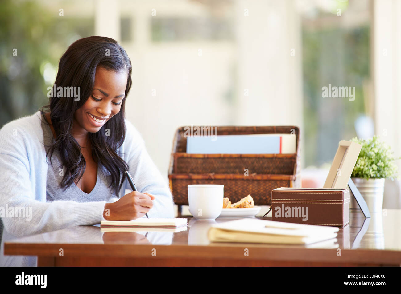 Donna iscritto in Notebook seduto alla scrivania Foto Stock