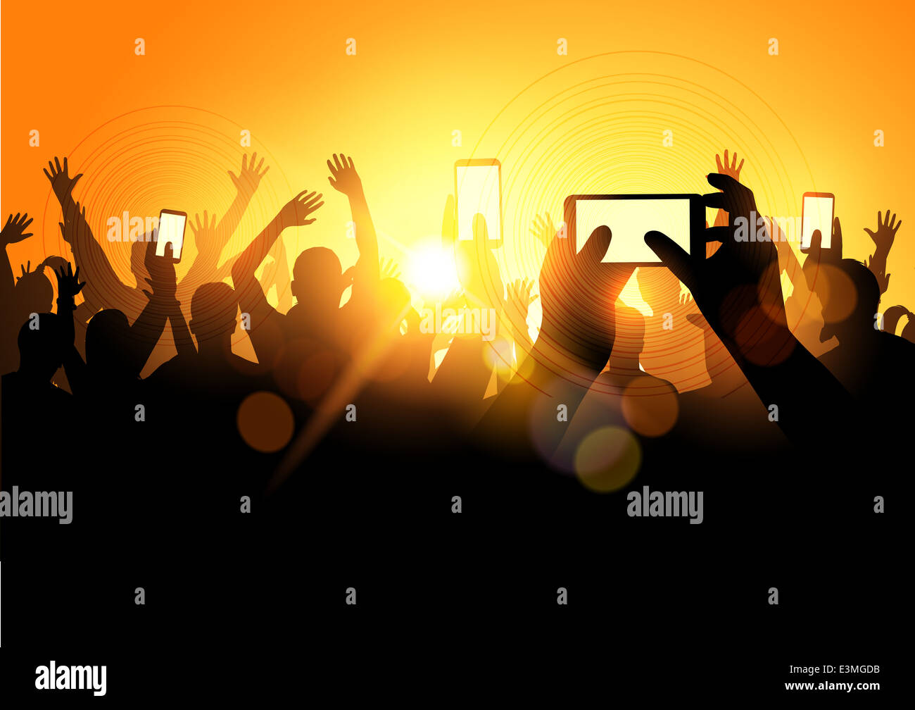 Festival del vettore della folla, persone in occasione di un concerto con gli smartphone. Illustrazione Vettoriale Foto Stock