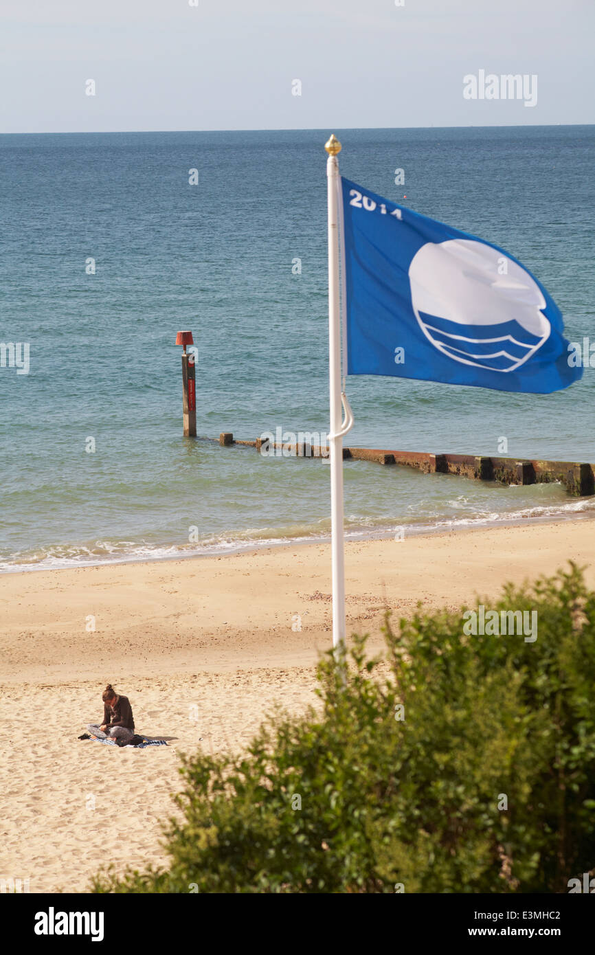 Donna sat lettura sulla spiaggia ad Alum Chine, Bournemouth Dorset nel giugno - la spiaggia è una spiaggia bandiera blu award per elevati standard Foto Stock