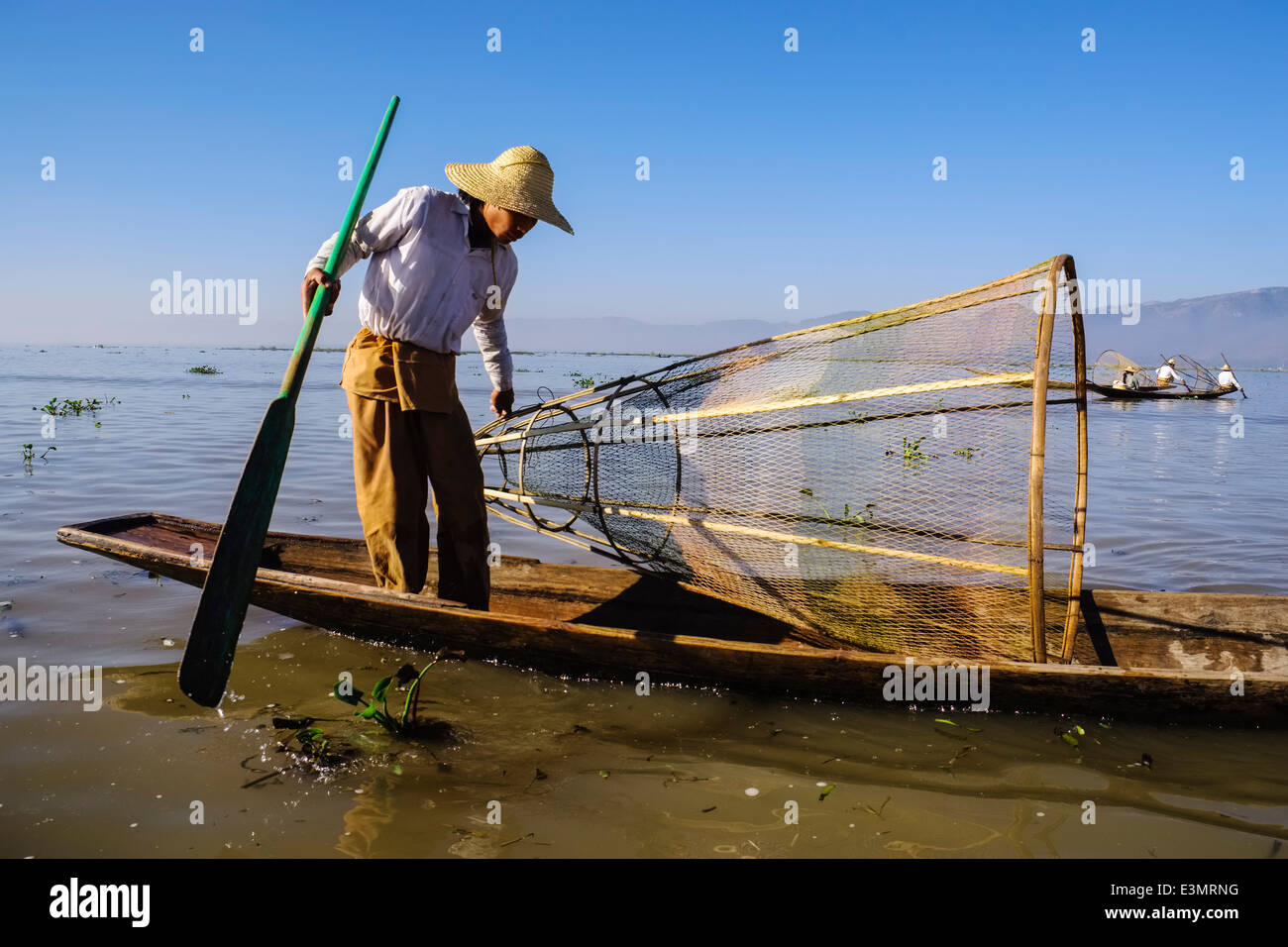 Fisher sul Lago Inle, Myanmar, Asia Foto Stock