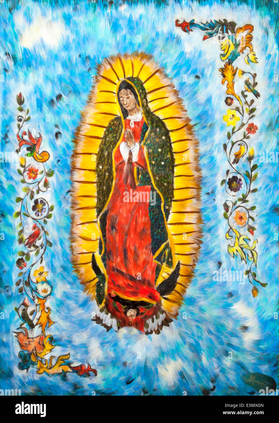 Virgen de Guadalupe mosaico di piume da Alma Alicia Arias Diaz Barriga Foto Stock