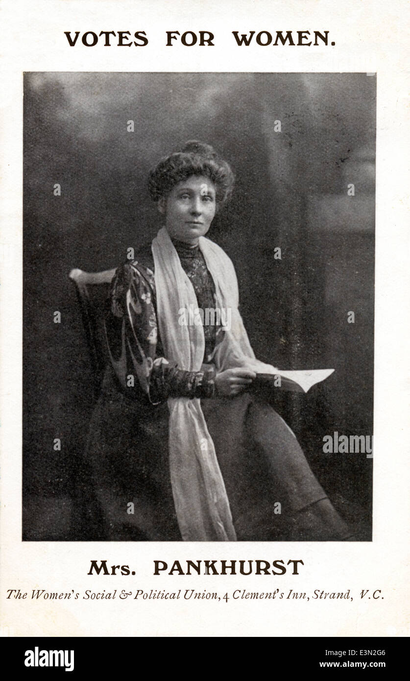 La signora Pankhurst, 1908 cartolina ritratto del leader del suffragio femminile circolazione in Gran Bretagna Foto Stock