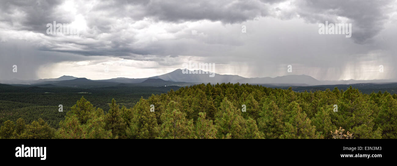 Una vista panoramica cattura il tempo piovoso attraverso l'Arizona settentrionale, mostrando i diversi ecosistemi della zona e gli effetti dei modelli meteorologici stagionali sul paesaggio. Foto Stock