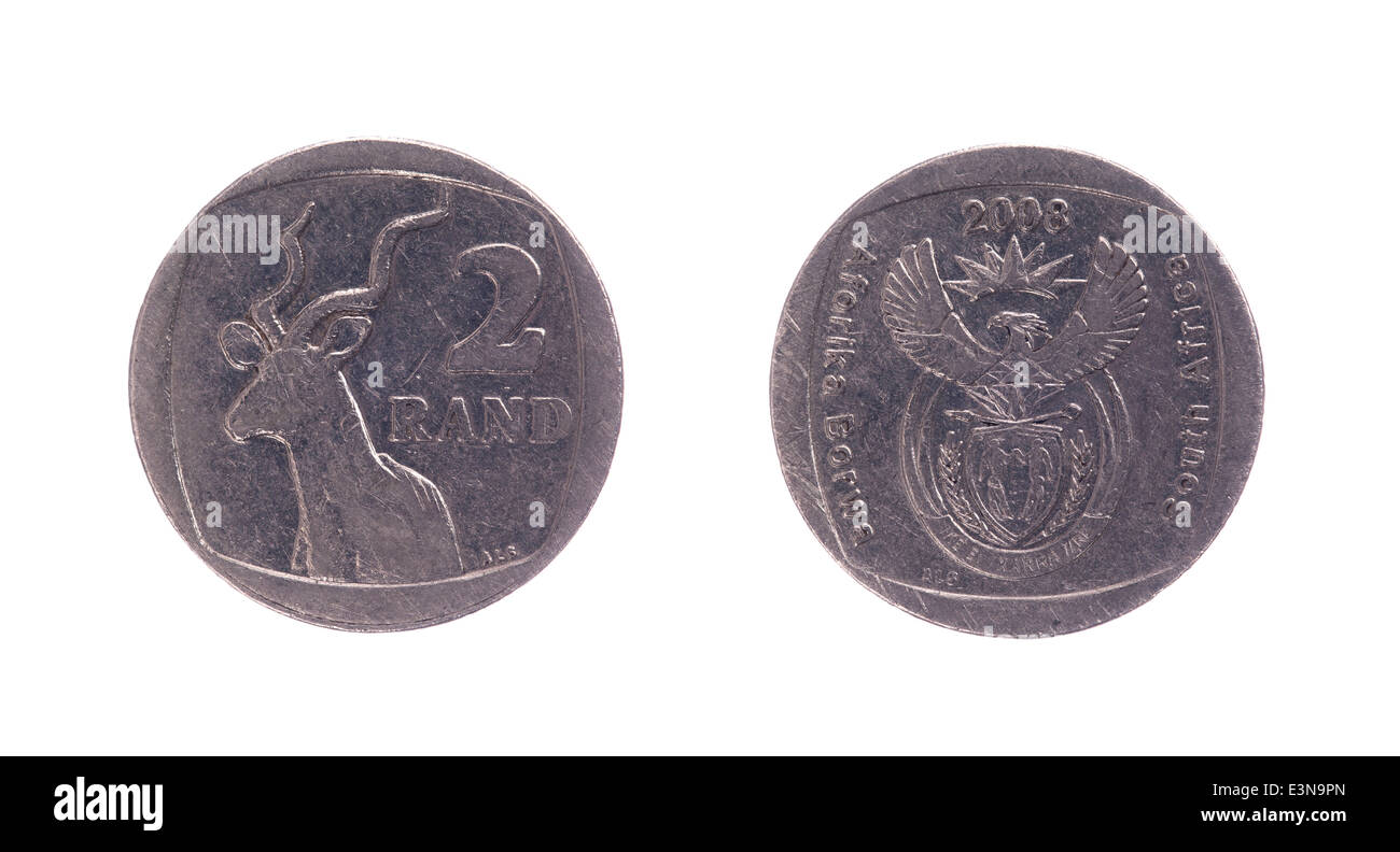 2 Rands Sudafricani coin isolati su sfondo bianco Foto Stock