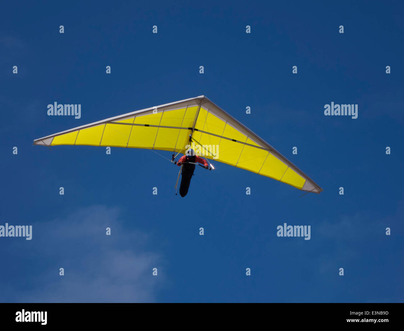 Basso angolo vista di una persona in deltaplano contro sky Foto Stock