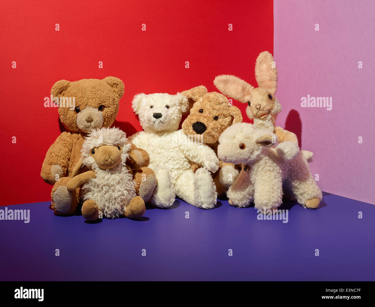 Vari giocattoli imbottiti sul pavimento in camera colorata Foto Stock