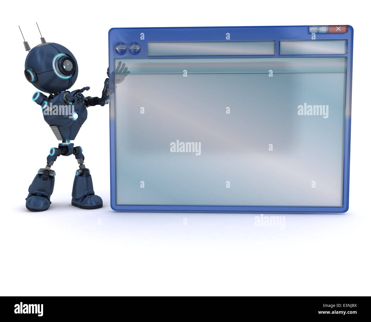 3D Render di un androide con finestra computer Foto Stock