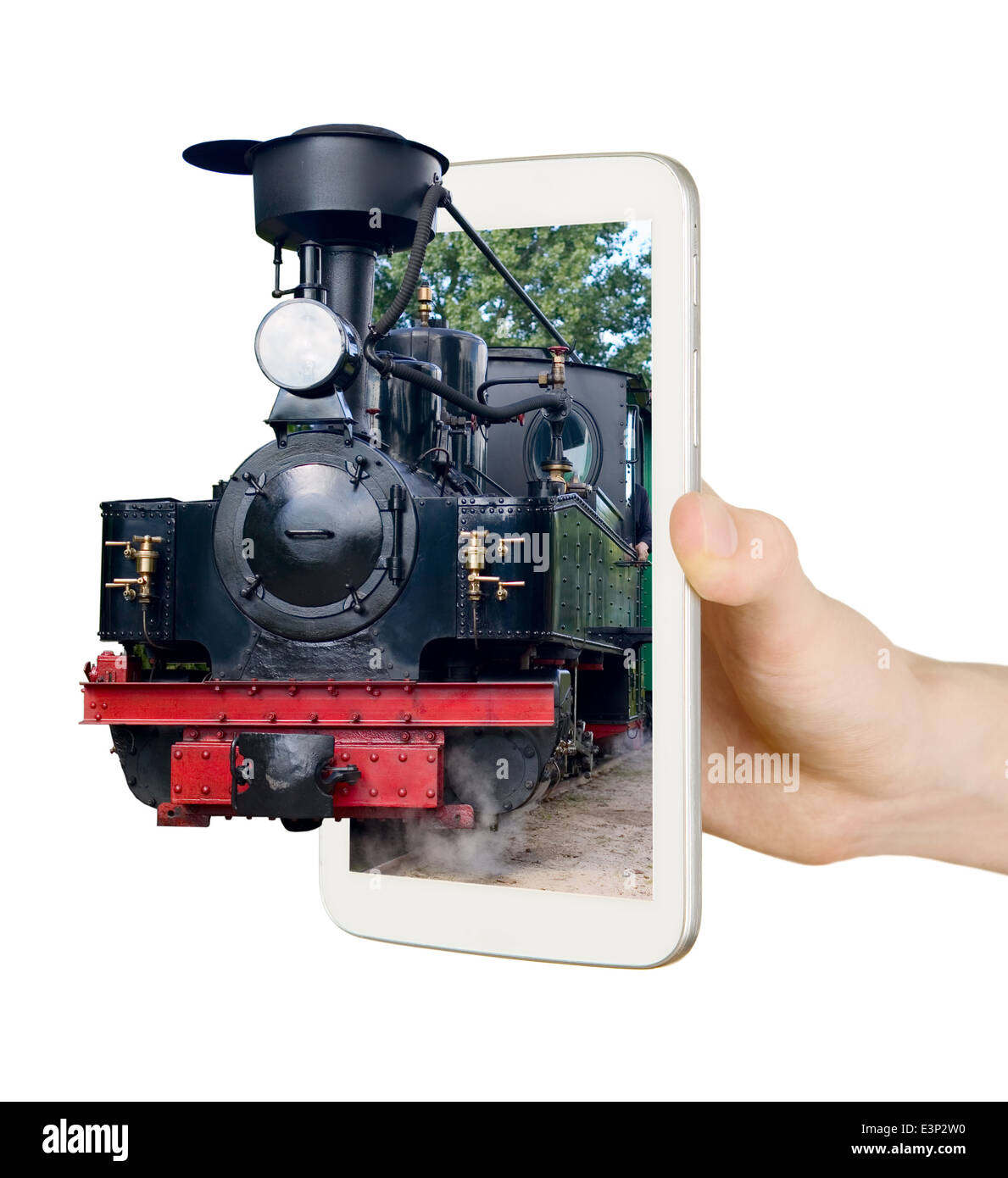 L uomo è che mostra il vecchio treno Vintage attraverso il telefono cellulare Foto Stock