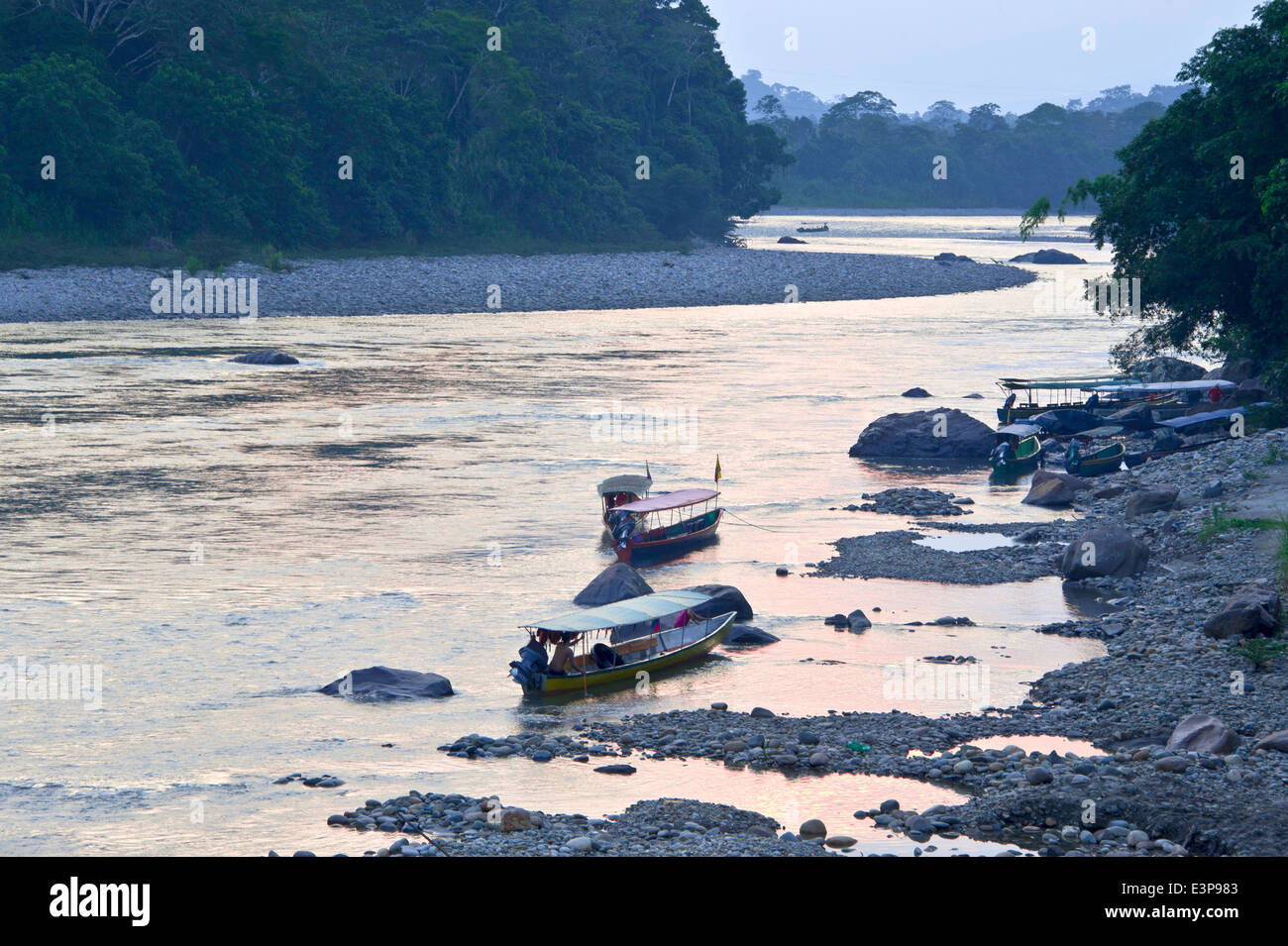 Amazzonico fiume Napo nella foresta pluviale di sunrise. Ecuador Foto Stock